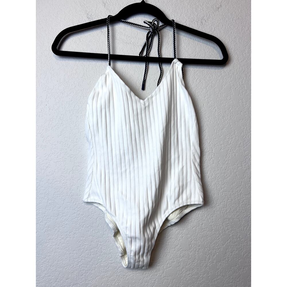 SOLID & STRIPED White Ribbed One-Piece Swimsuit with Black Tie Straps